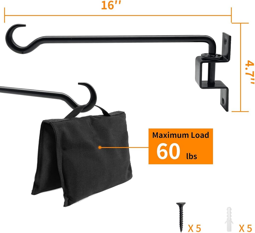 16 inch 2 Pack Swivel Plant Hangers Outdoor Heavy Duty - Black Iron Plant Hanging Hook Bracket for Flowers Baskets Pots