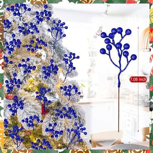 24PCS Blue Berry Stems 7.08in Christmas Tree Decorations Holly Berry Picks