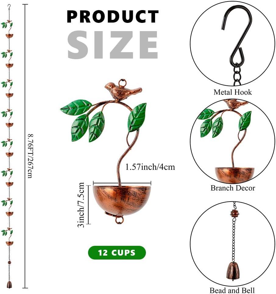 dreamysoul Rain Chains for Outside, Leaves and Bird Decorative Rain Catcher Chains for Downspout Gutter, Eaves Drainage