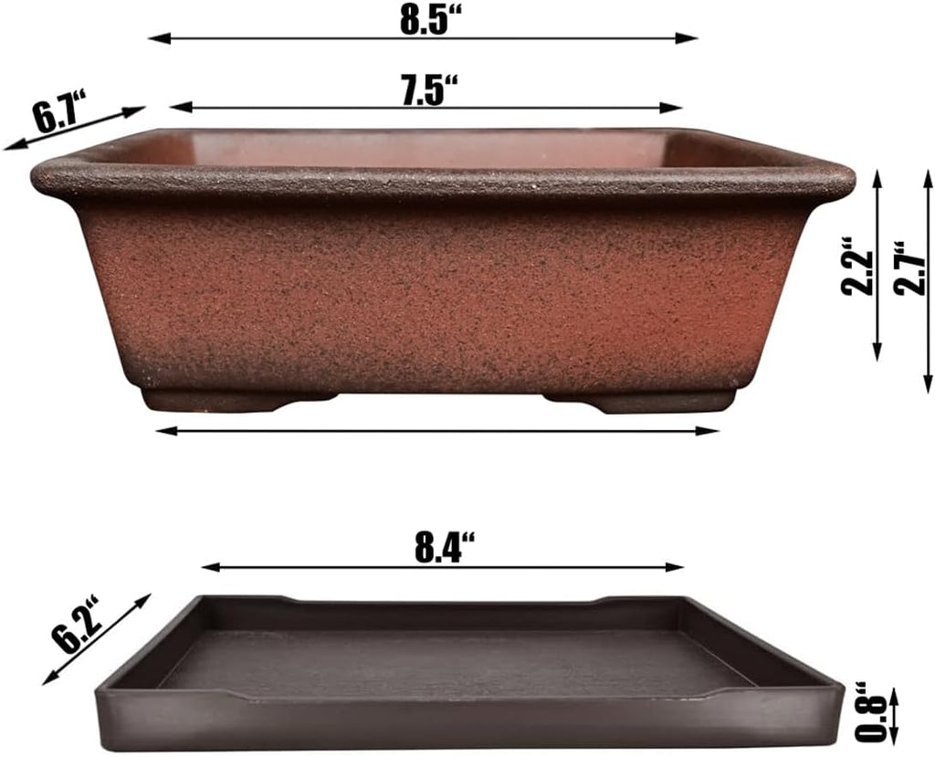 MUZHI Decorative Ceramic Bonsai Planter Pot 8.5 Inch with Tray, Breathable Unglazed Rectangle Terracotta Clay Pot for