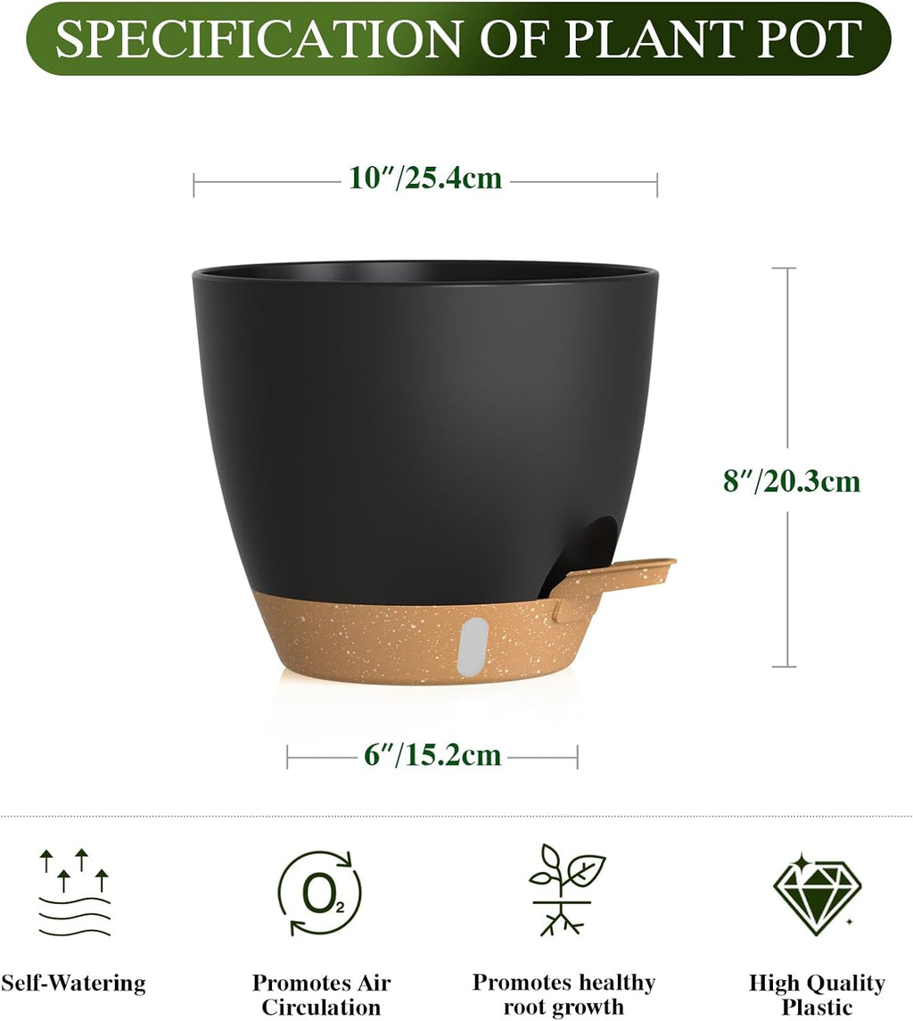 Self Watering Pots with Drainage Holes, 2 Pack 10 Inch Plant Pots with Water Level Indicator Deep Reservoir, Large