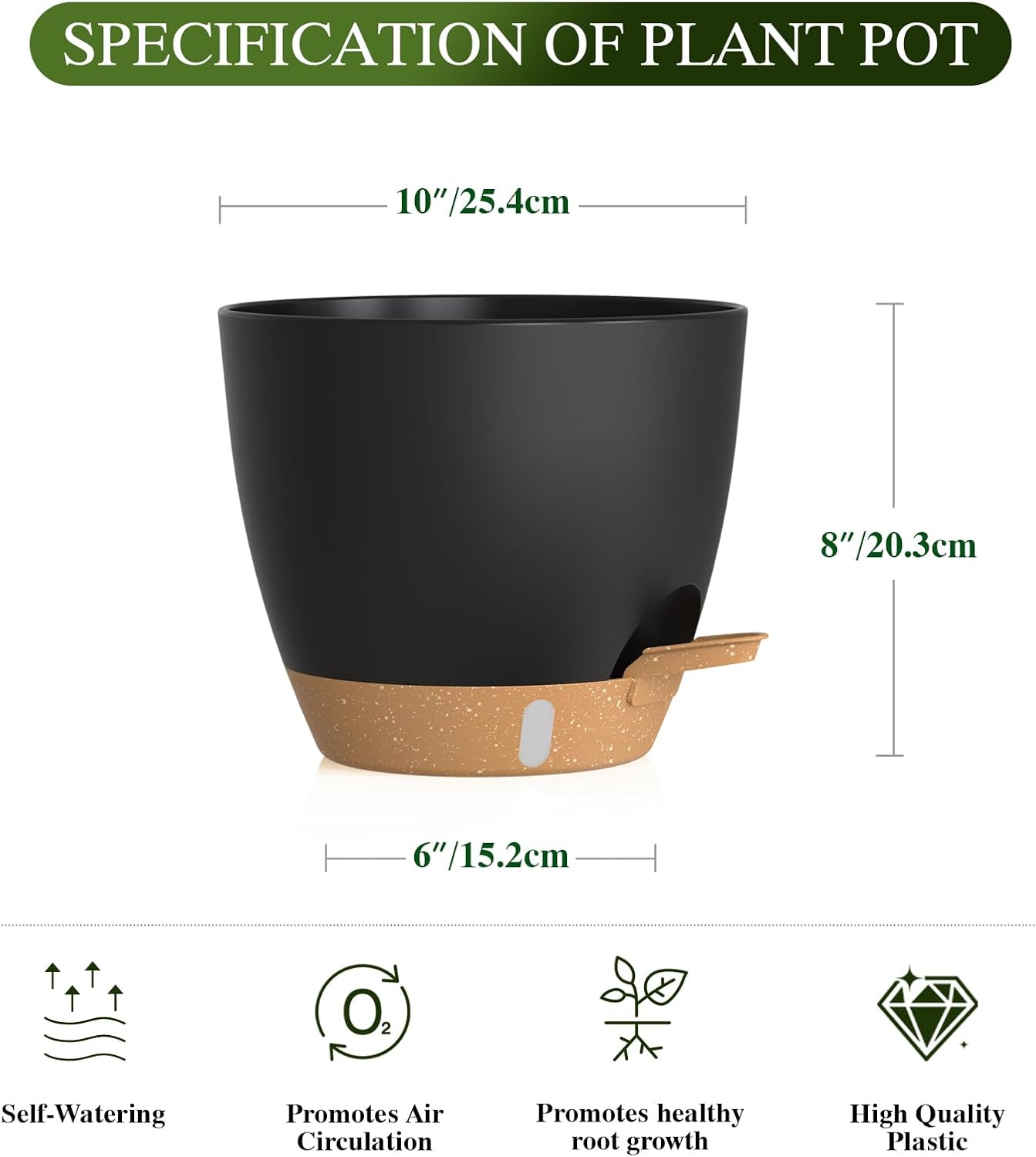 Self Watering Pots with Drainage Holes, 2 Pack 10 Inch Plant Pots with Water Level Indicator Deep Reservoir, Large