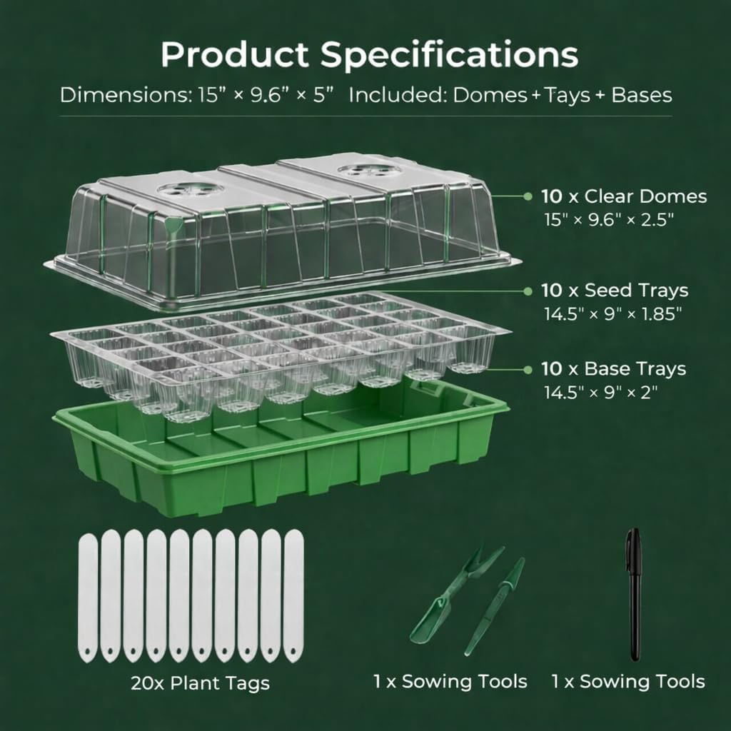 Gardzen 10 Pack 40 Cell BPA Free Seed Starter Tray Kit | Reusable Plant Germination Trays, Adjustable Vents, Sowing