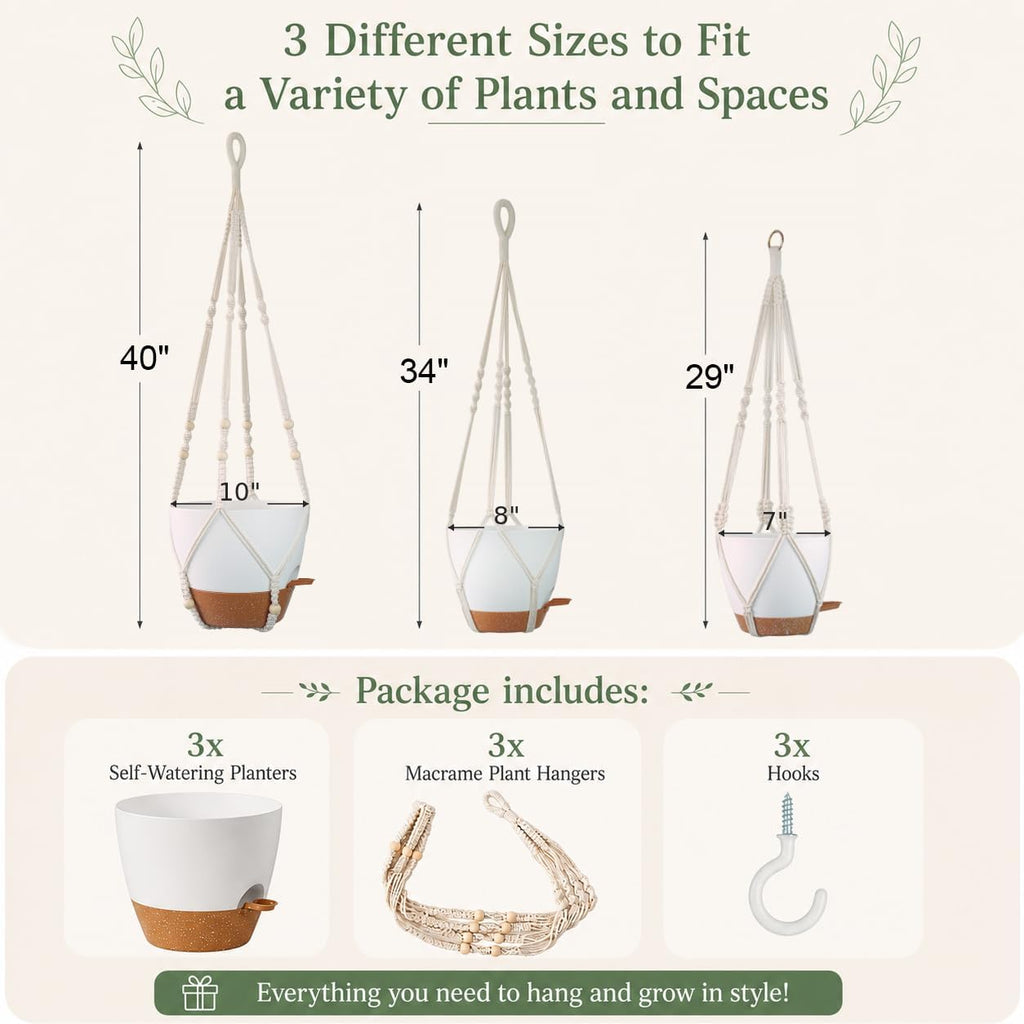 3 Pack Self Watering Hanging Planters for Indoor Plants Large 10/8/7 Inch | Hanging Pots with Macrame Plant Hangers
