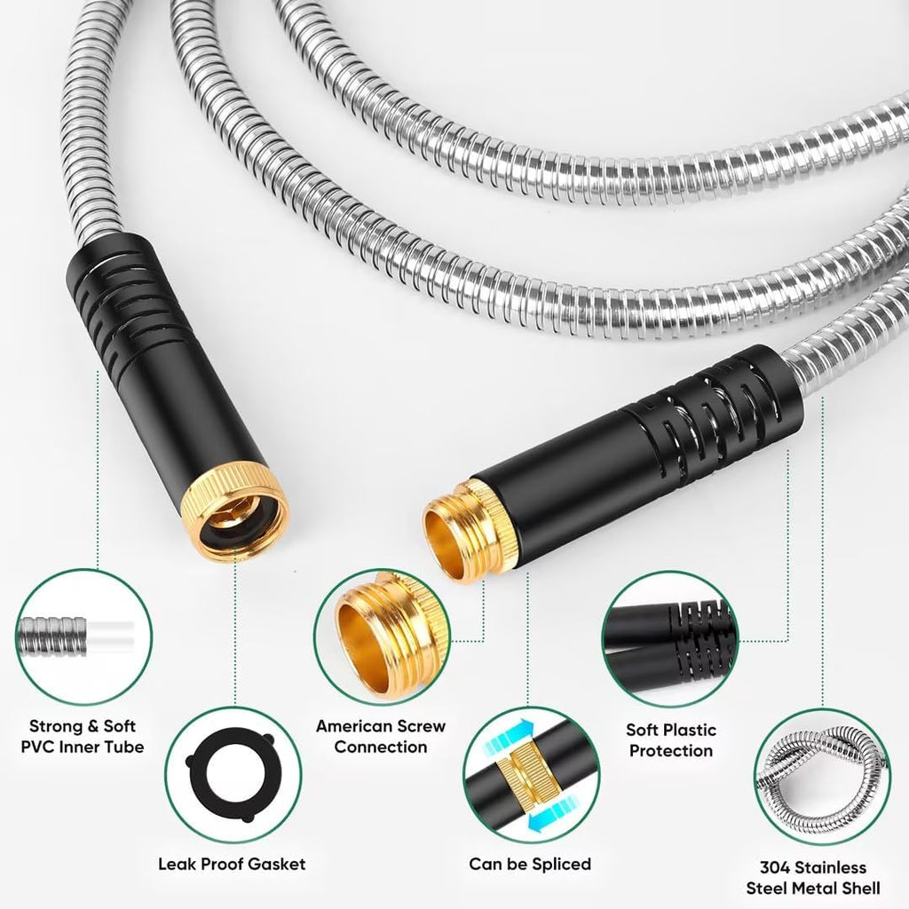 Kebose Garden Hose 100FT, Stainless Steel Hose with 10 Functional Nozzles | No Kink Metal Water Hose, Lightweight and