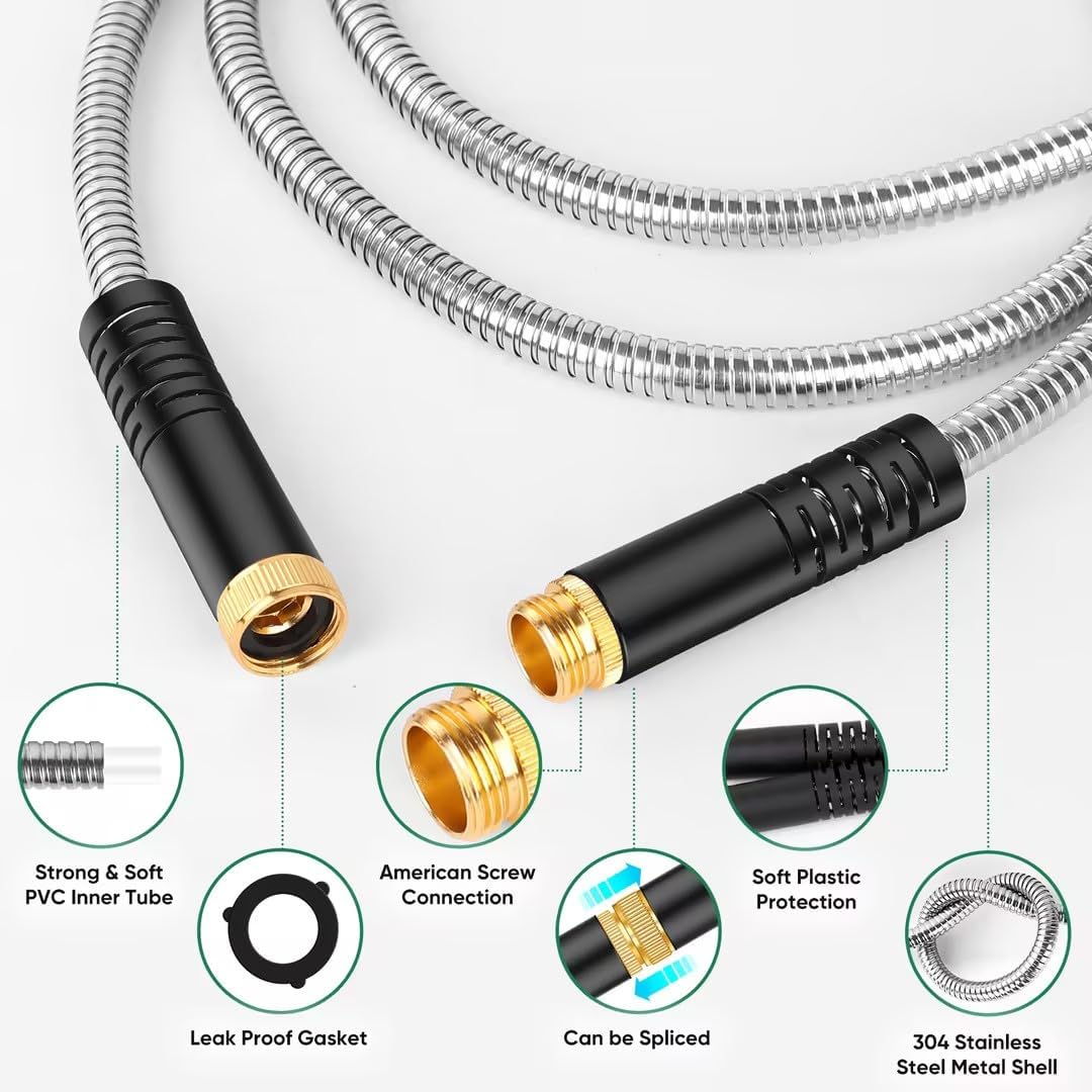Kebose Garden Hose 100FT, Stainless Steel Hose with 10 Functional Nozzles | No Kink Metal Water Hose, Lightweight and