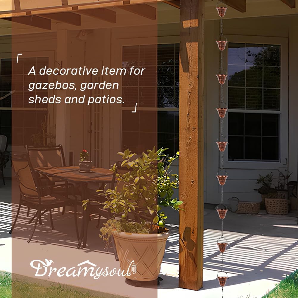 dreamysoul Copper Rain Chains for Outside, 10.43FT with 12 Cups Rain Catcher Chains for Downspout Gutters, Eaves