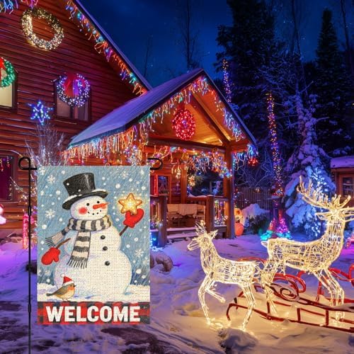 IVN Winter Welcome Snowman Garden Flag Yard Flag for Outside 12 x 18 Inch Double Sided Burlap Blue Hat Star Banner for Patio Lawn Home Outdoor Decoration