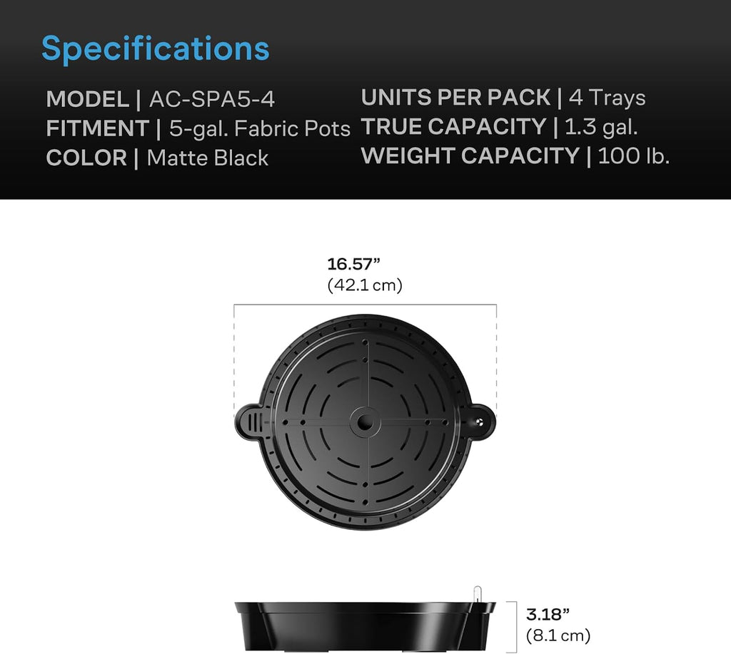 AC Infinity Self-Watering Fabric Pot Base, 4-Pack Auto-Irrigation Water | Water Delivery System with Reservoir Meter
