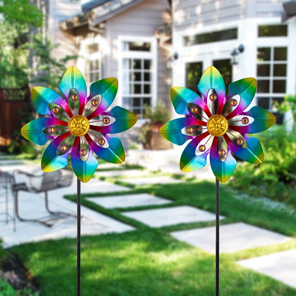 VEWOGARDEN 2 Pack Wind Spinners Outdoor, Metal Wind Spinner with Flower Design for Yard Garden Lawn Decorations