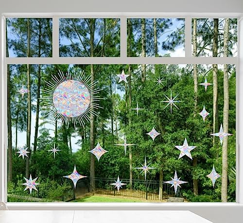 20 Star and 1 Sun Window Decals for Bird Strike Prevention - Reusable Rainbow Suncatcher Clings to Save Birds, Non-Adhesive Anti-Collision Stickers, Easy Remove No Residue