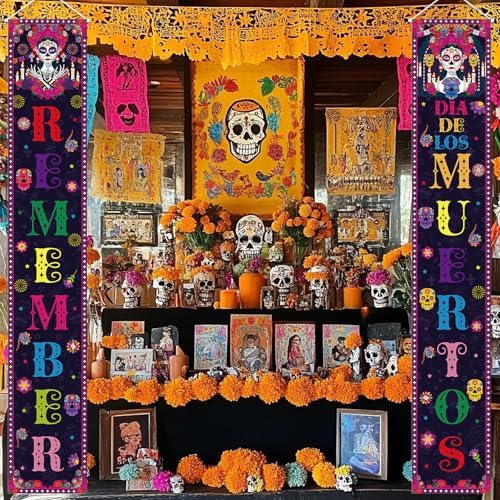 Dia De Los Muertos Porch Banner Sign Day of The Dead Door Decorations Sugar Skull Hanging Banner for Indoor Outdoor, 12 X 71 Inch