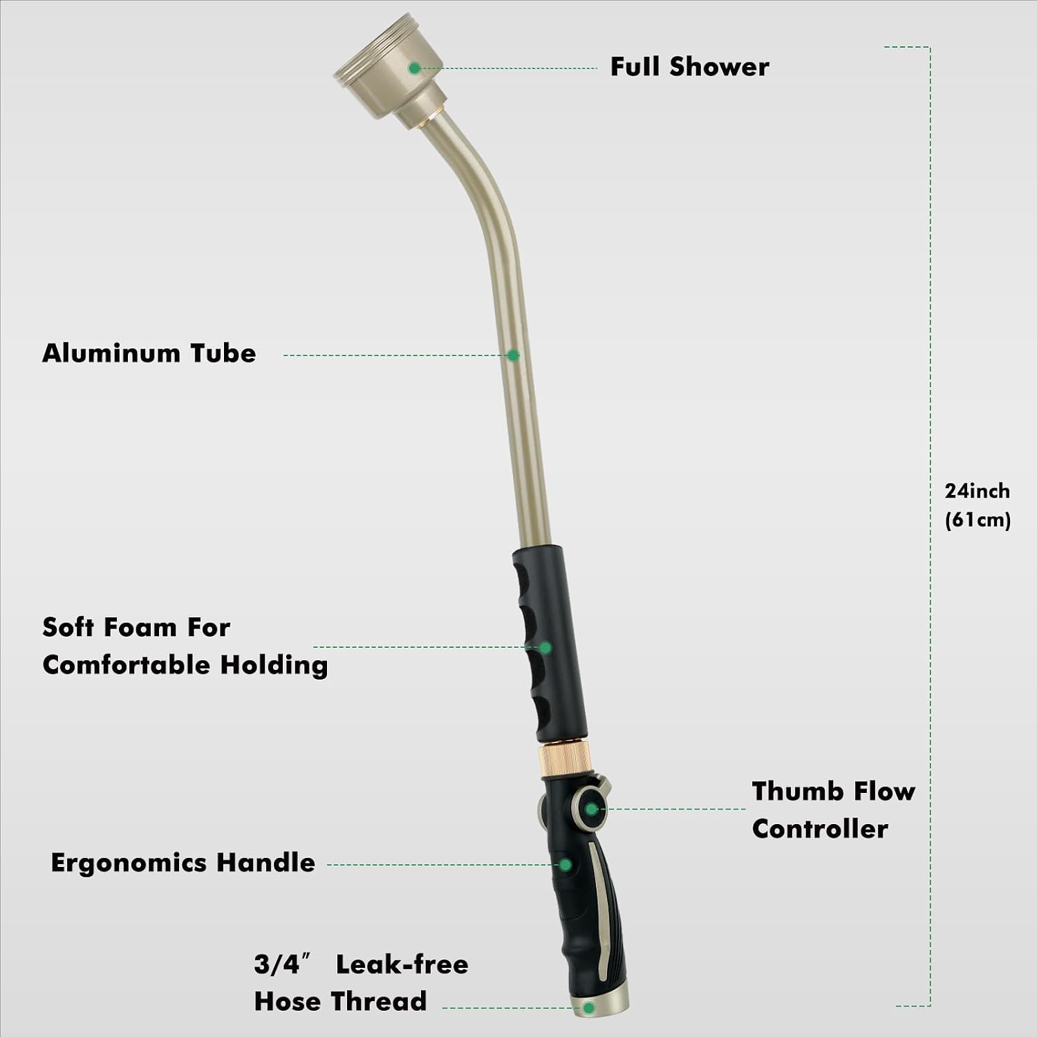RESTMO Long Watering Wand, 24 Inches Gentle Soft Full Shower Sprayer Wand | Thumb Flow Control, Heavy Duty Metal Hose