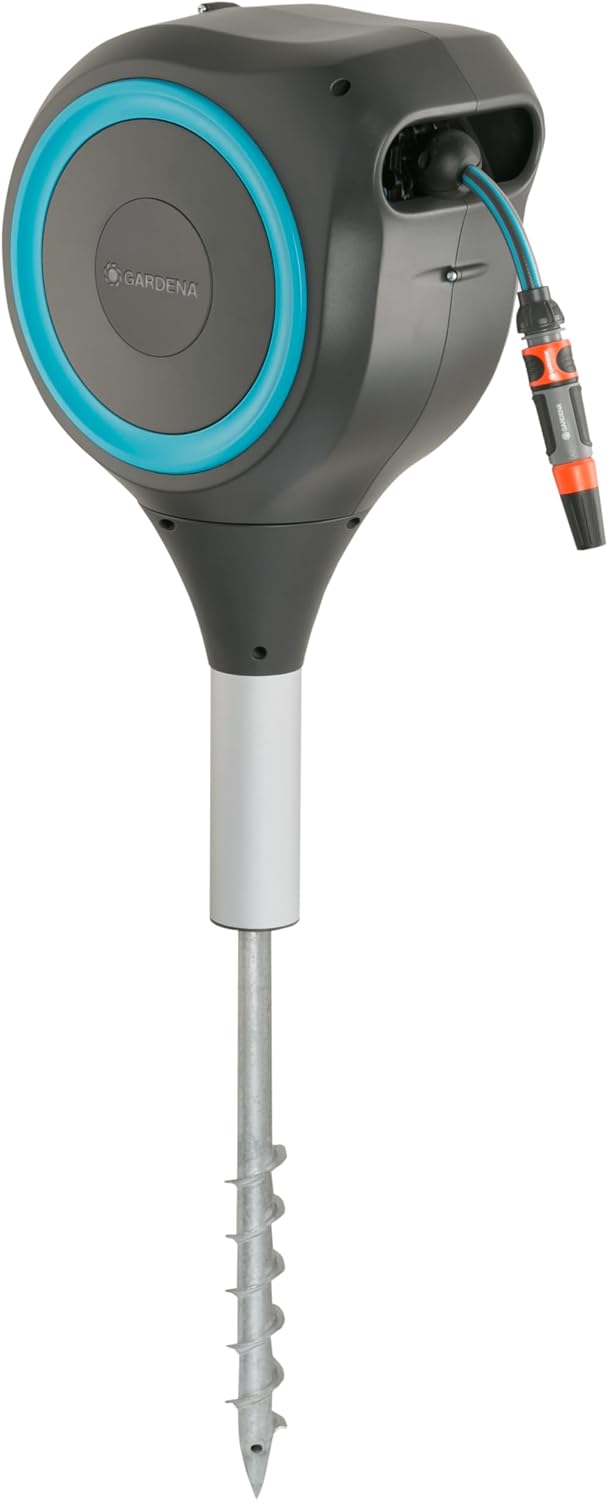 GARDENA Automatic Retractable Garden Hose Reel - 50 Feet - 360 Degree Swivel Outdoor Hose Reel with Metal Spike Base