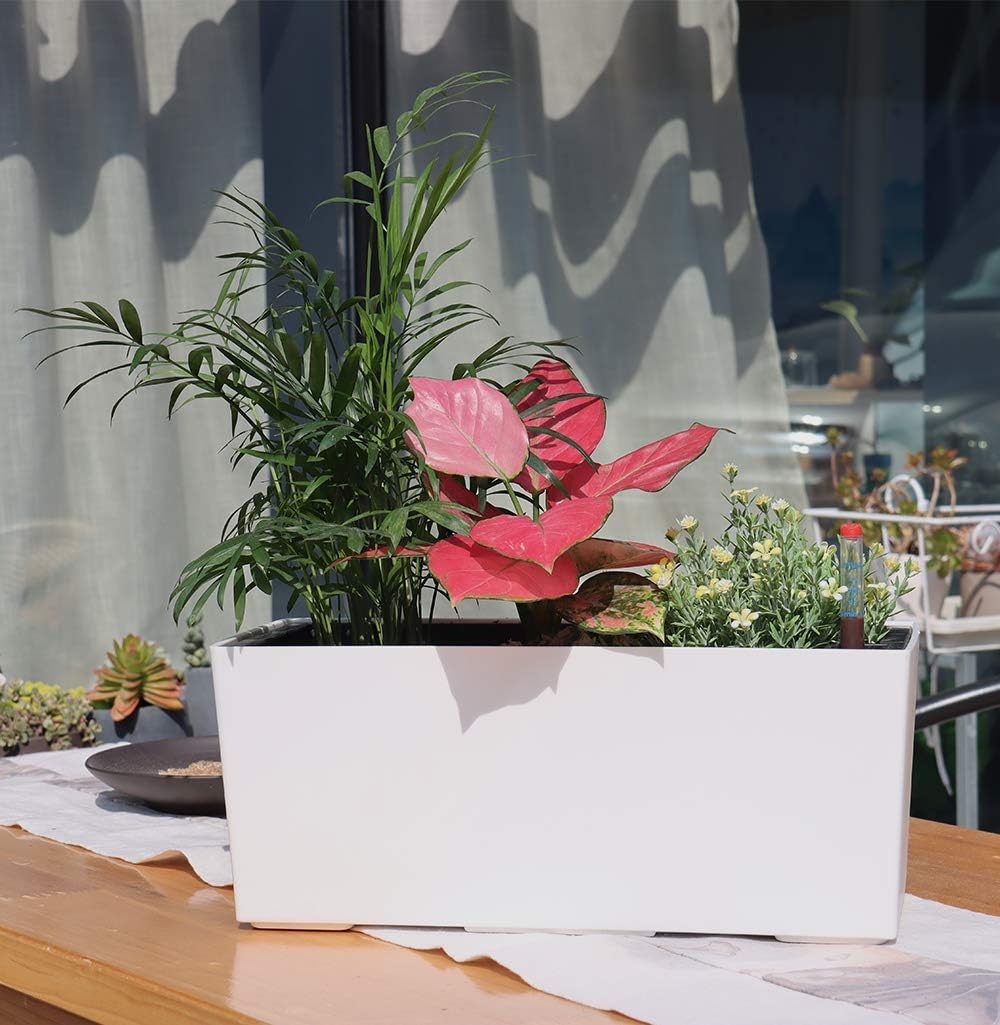 SAROSORA 14" Self Watering Planter Pots with Water Level Indicator, Rectangle Matte Plastic Window Box for Indoor