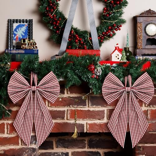 Suncalla 2 Pcs Red White Christmas Plaid Wreath Bows 18'' x 12''
