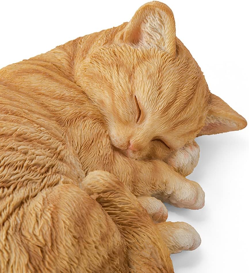 Sleeping Orange Tabby Cat Garden Statue Decor 8.27”L, Resin Realistic Sculptures Gift for Cats Lovers, Pet Memorial