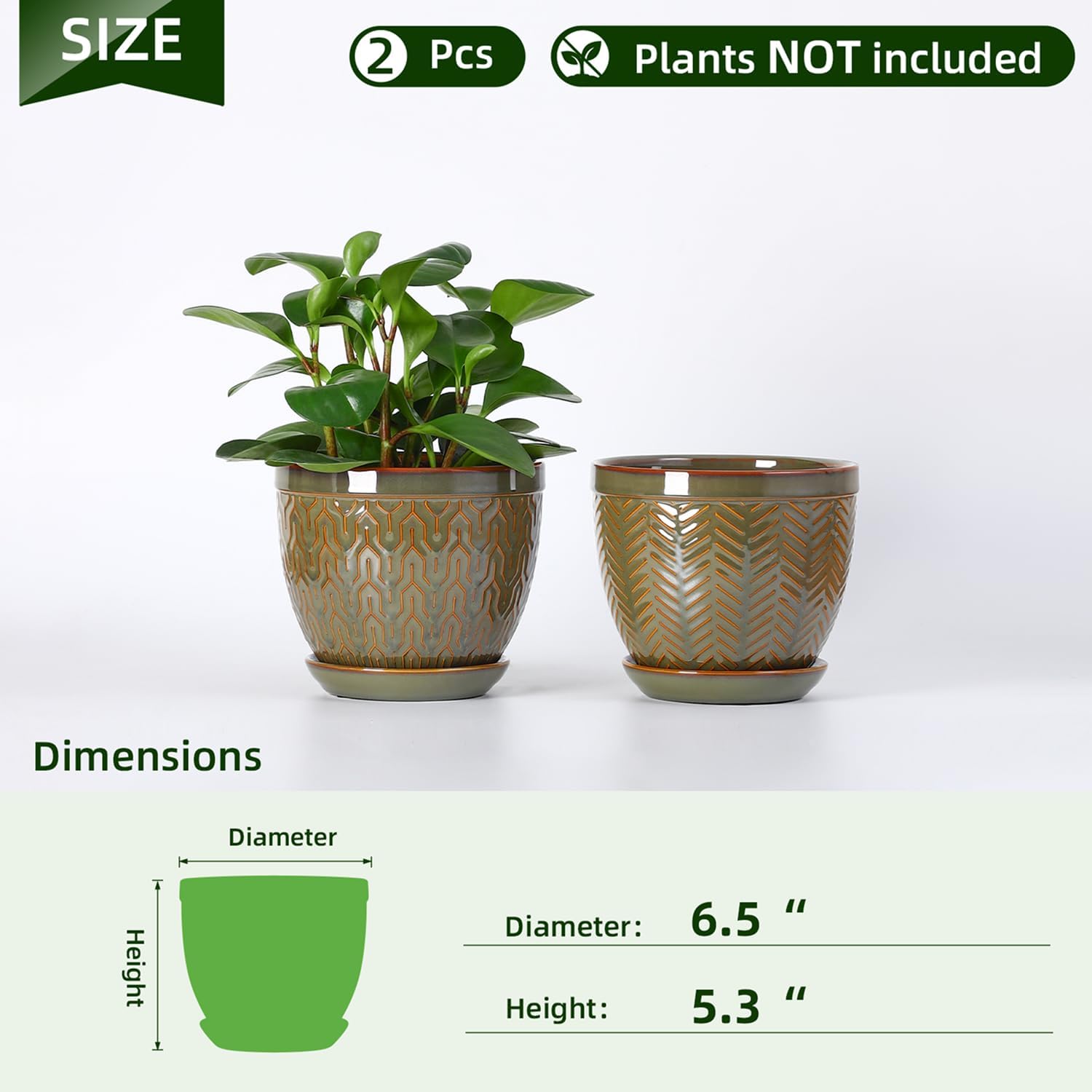 Sureasy 6.5 Inch Ceramic Plant Pots, Embossed Decorative Planters with Drainage Hole and Saucer, Modern Flower Pots for
