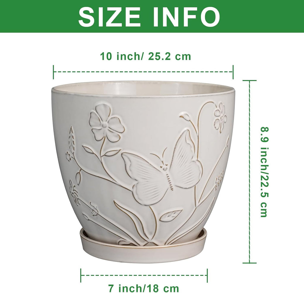 10 Inch Plant Pot Ceramic Planter Pot with Drainage Hole and Saucer Round Planter Large Flower Pot for Indoor Outdoor
