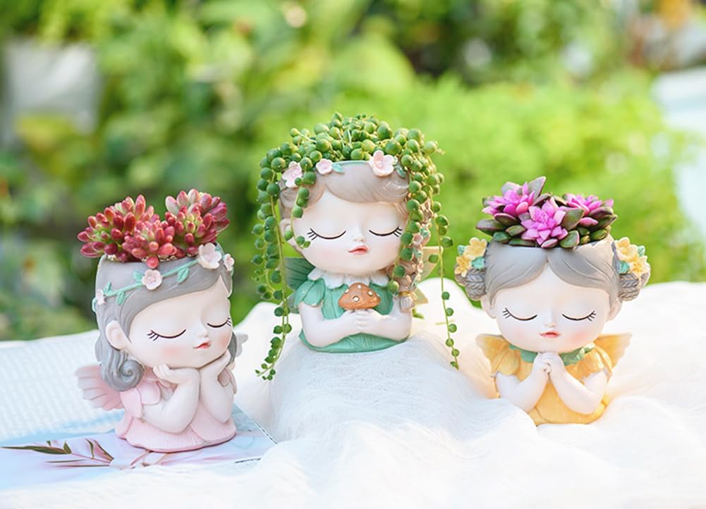 Argofox Samll Angel Girl face Succulent Plant pots 3packs with Drainage Hole 4inch Indoor Cactus Pot Unique Cute Flower