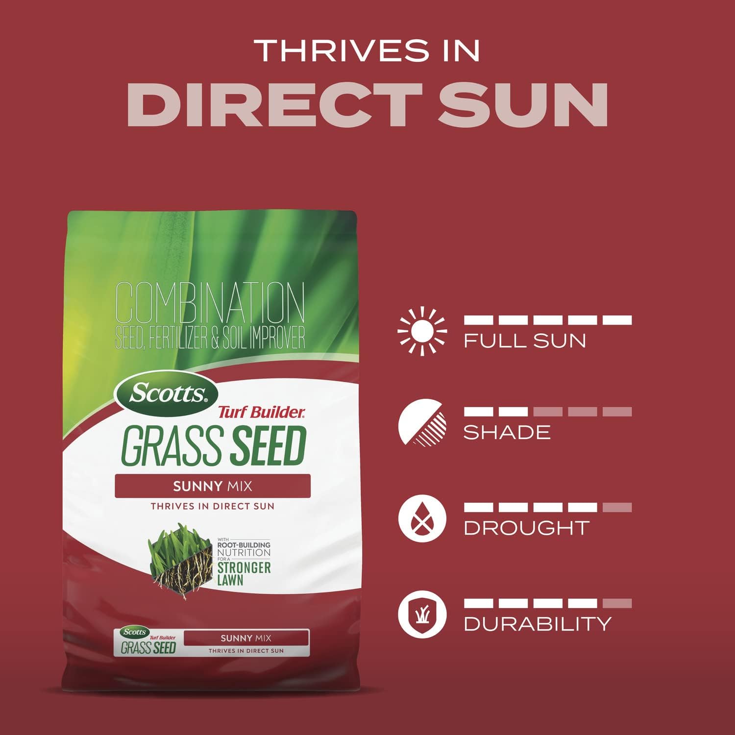 Scotts Turf Builder Grass Seed Sunny Mix, 2.4 lbs. | Grass Seed Plus Lawn Fertilizer and Soil Improver, Thrives in