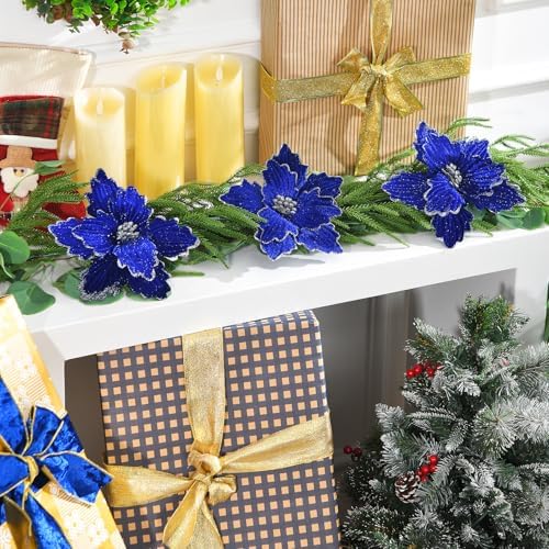 10 PCS Glitter Poinsettias, 8.7" Artificial Christmas Flowers, Royal Blue