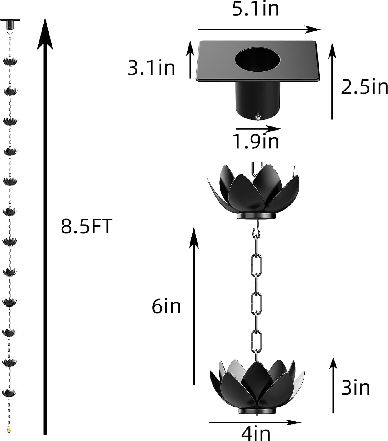 Black Lotus Rain Chain for Gutters with Adapter, 8.5 FT Decorative Rain Chains for Gutters Outdoor, 12 Flower Cups