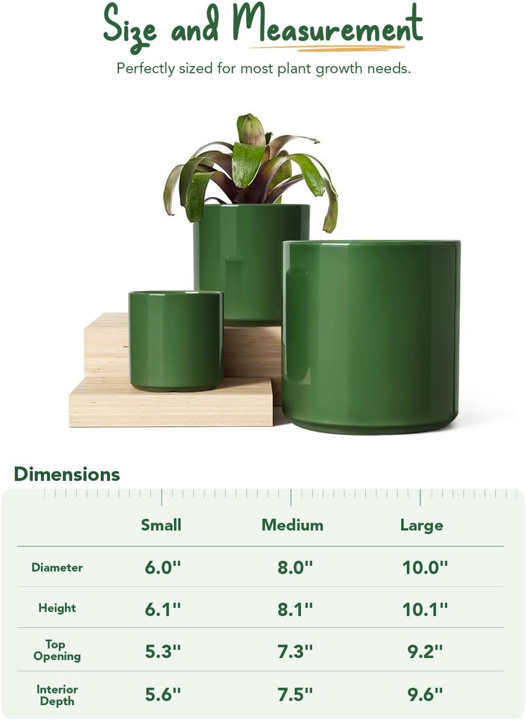 LE TAUCI 10+8+6 Inch Ceramic Pots for Plants, Indoor Planters with Drainage Hole and Plug, Modern Cylinder Flower Pots