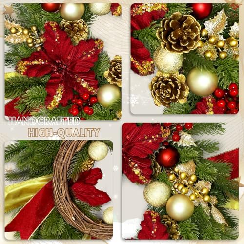 24" Christmas Wreaths for Front Door with Lights & Poinsettia Flowers