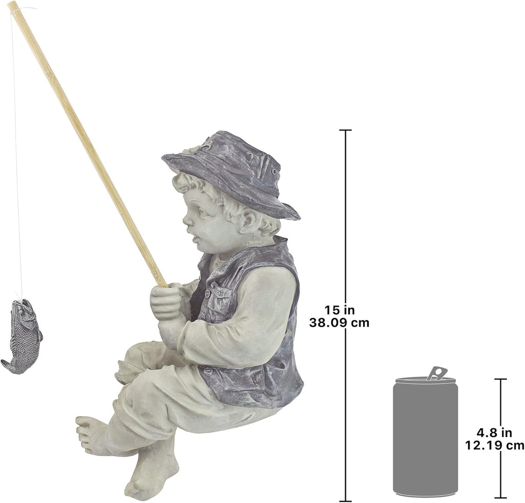 Design Toscano Frederic the Little Fisherman of Avignon Boy Fishing Garden Statue, 15 Inch Tall, Cast Stone Resin, Two