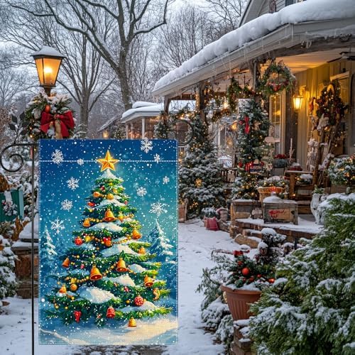 Winter Christmas Tree Garden Flag for Outside, Snowflake Xmas Ball Welcome Christmas Yard Flag 12x18 Inch Double Sided Burlap Holiday Farmhouse Home Decoration Outdoor Flag