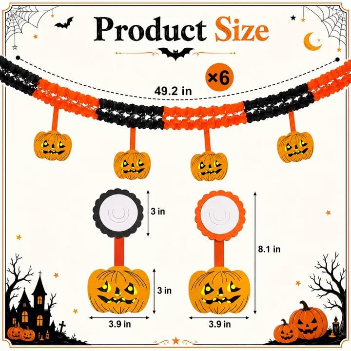 6 Pack Halloween Pumpkin Paper Chain Garland, Pumpkin Paper Garland Decor