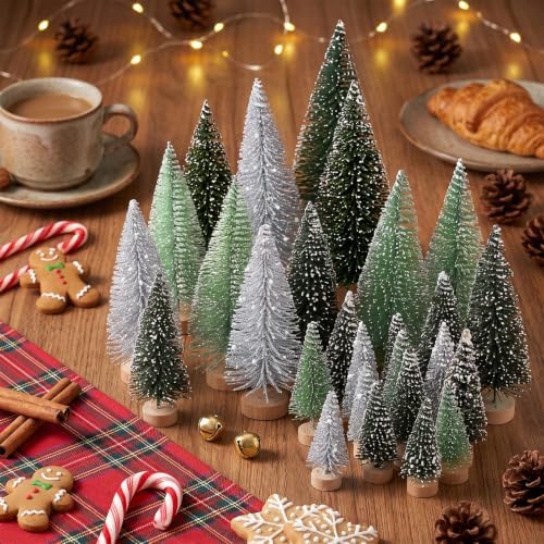 30pcs Mini Christmas Trees Artificial Christmas Tree Bottle Brush Trees with Wooden Base for Christmas Decor Party Home Table Craft Decorations (Silver,Green)