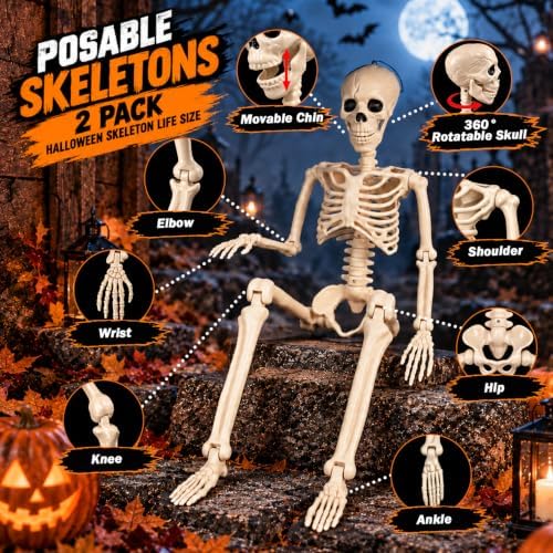 2 Pack 36" Halloween Posable Skeletons, 3 FT Halloween Skeleton Decorations
