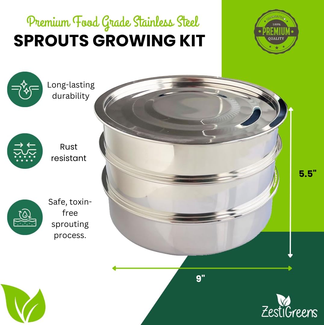 Stainless Steel Sprouting Trays - 3-Tier Seed Sprouter with Lid & Scraper | 3-tier stainless sprouting kit with lid for