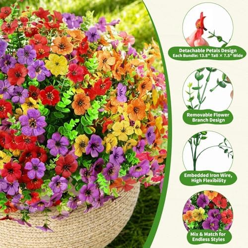 Artificial Outdoor Flowers, UV Resistant Waterproof Faux Plants, 12 Bundles