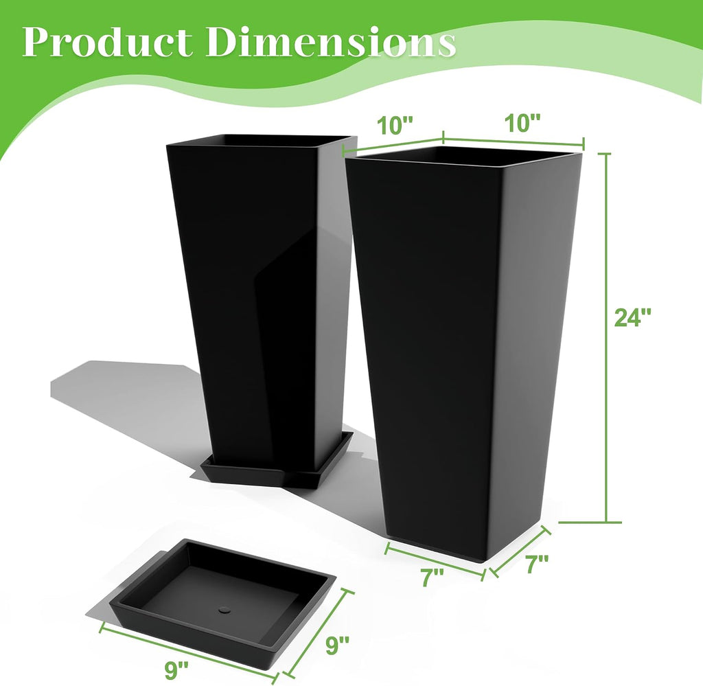 FENCY Set of 2 Tall Planters for Outdoor Plants, Black | 24 Inch Plant Pots with Drainage Hole & Trays, Plastic Tapered