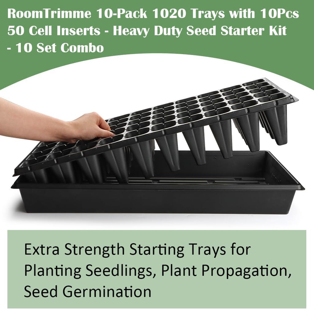 RooTrimmer 10 Pack 1020 Trays and 10 Pack 3.5" Deep 50 Cell Seed Starter Trays, 20" x 10" - Durable Plastic Nursery