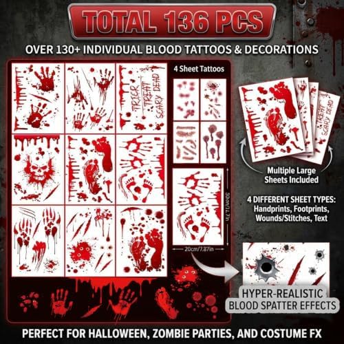 136Pcs Halloween Decorations Indoor, Scary Bloody Handprints Wall Decals Pumpkin Eyeballs Skull Window Stickers with Tattoos for Home Bedroom Floor Bathroom Door Decor (Red Handprints Footprints)