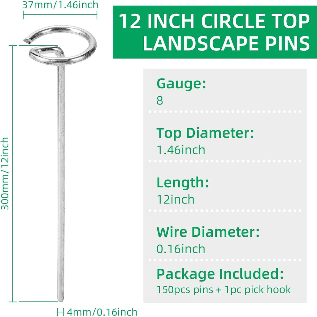 150 Pack 12 Inch Landscape Staples, Thickened 8 Gauge Circle Top Garden Stakes Heavy Duty Galvanized Landscape Fabric