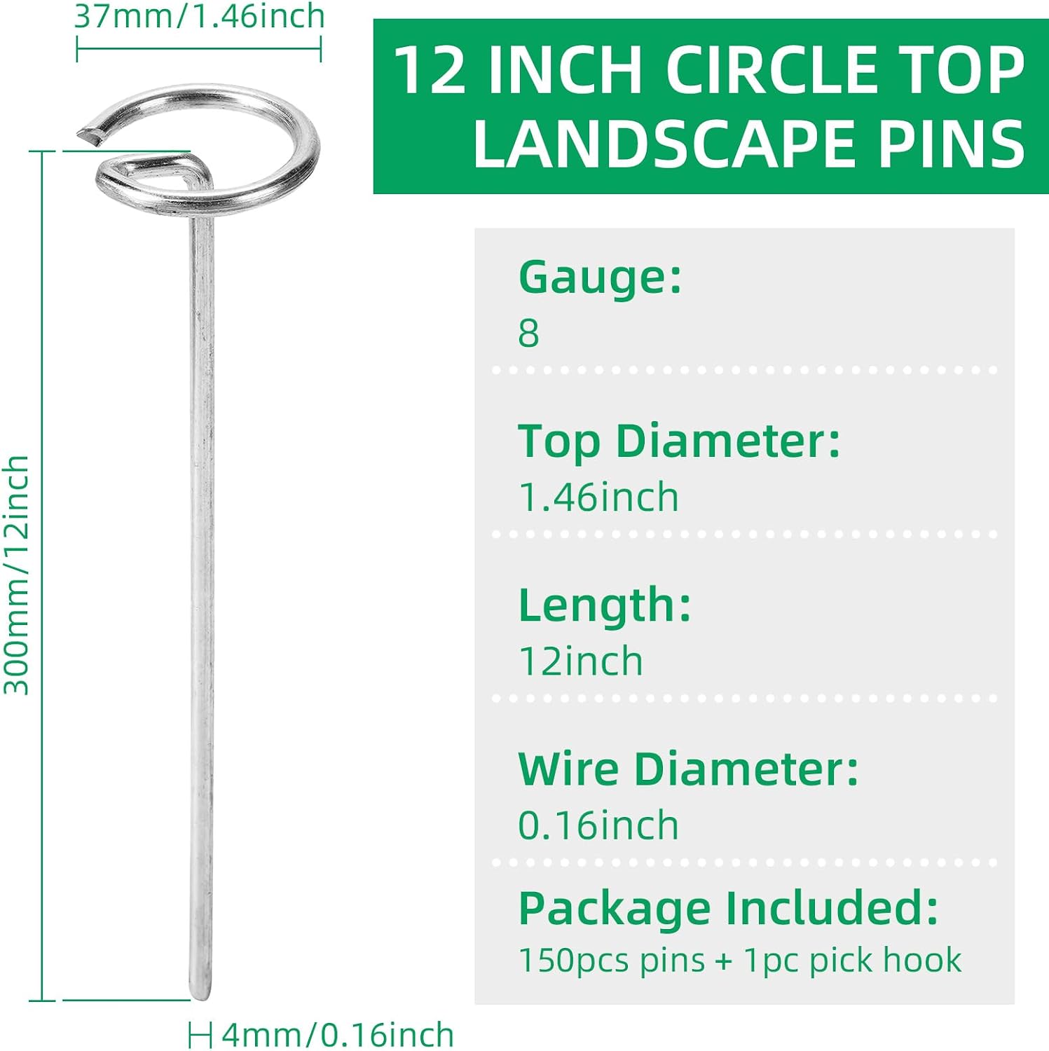 150 Pack 12 Inch Landscape Staples, Thickened 8 Gauge Circle Top Garden Stakes Heavy Duty Galvanized Landscape Fabric