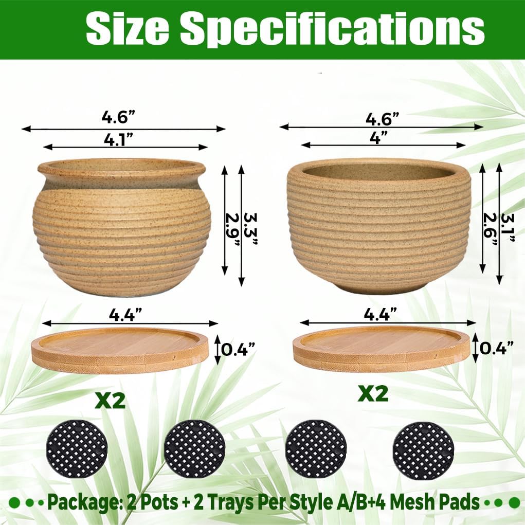 MUZHI Rustic 4 inch Bonsai Plant Pot with Bamboo Tray Set of 4, Unglazed Ceramic Succulent Cactus Pot Indoor Outerdoor