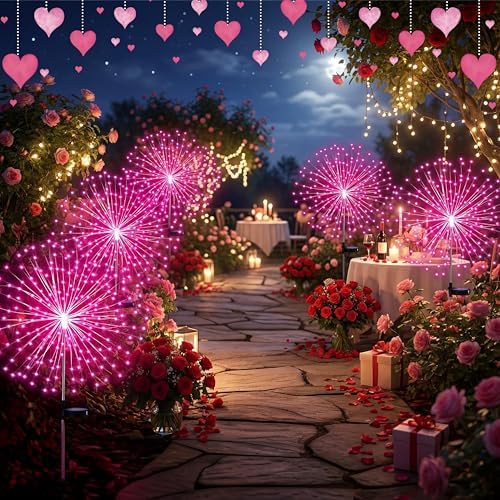 Tujoe 4 Pcs Halloween Solar Lights Outdoor Firework Lights Decor, Pink