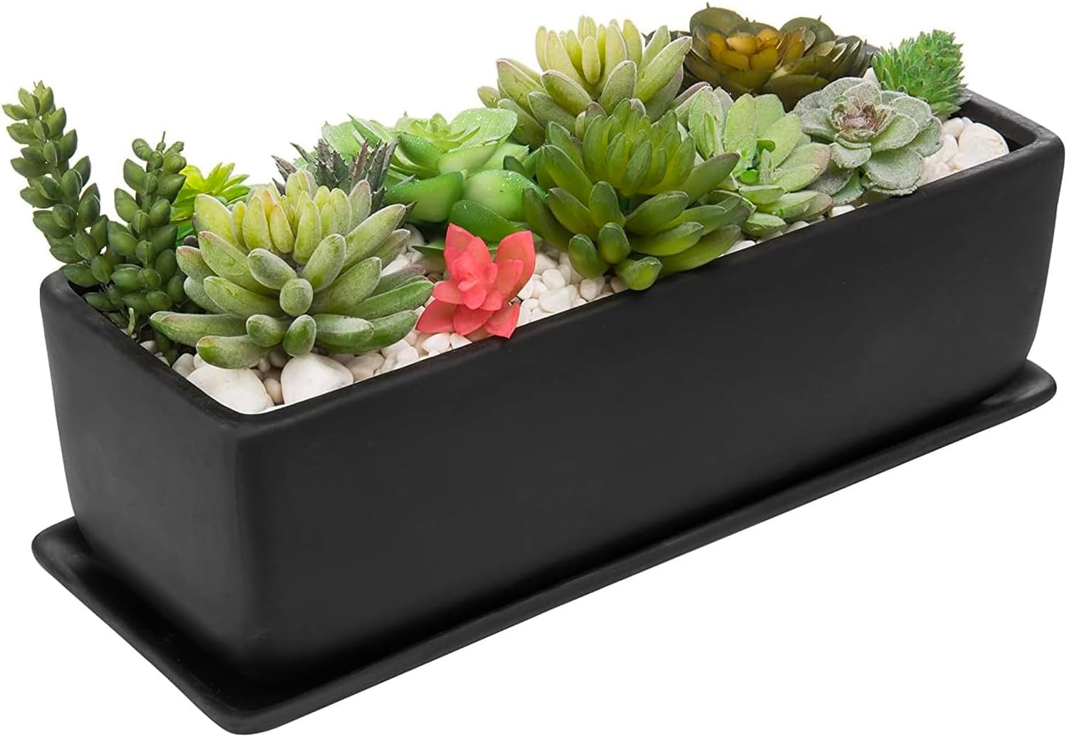 MyGift 14 Inch Matte Black Ceramic Rectangular Succulent Planter | Decorative Flower Planter with Drainage Hole and