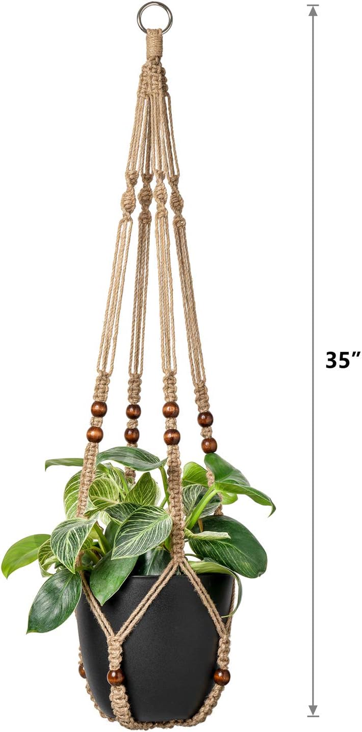 Mkono Macrame Plant Hanger Indoor 35 Inch Hanging Planter Basket Brown 3Pcs | Hanging Plant Holder with Decorative Wood