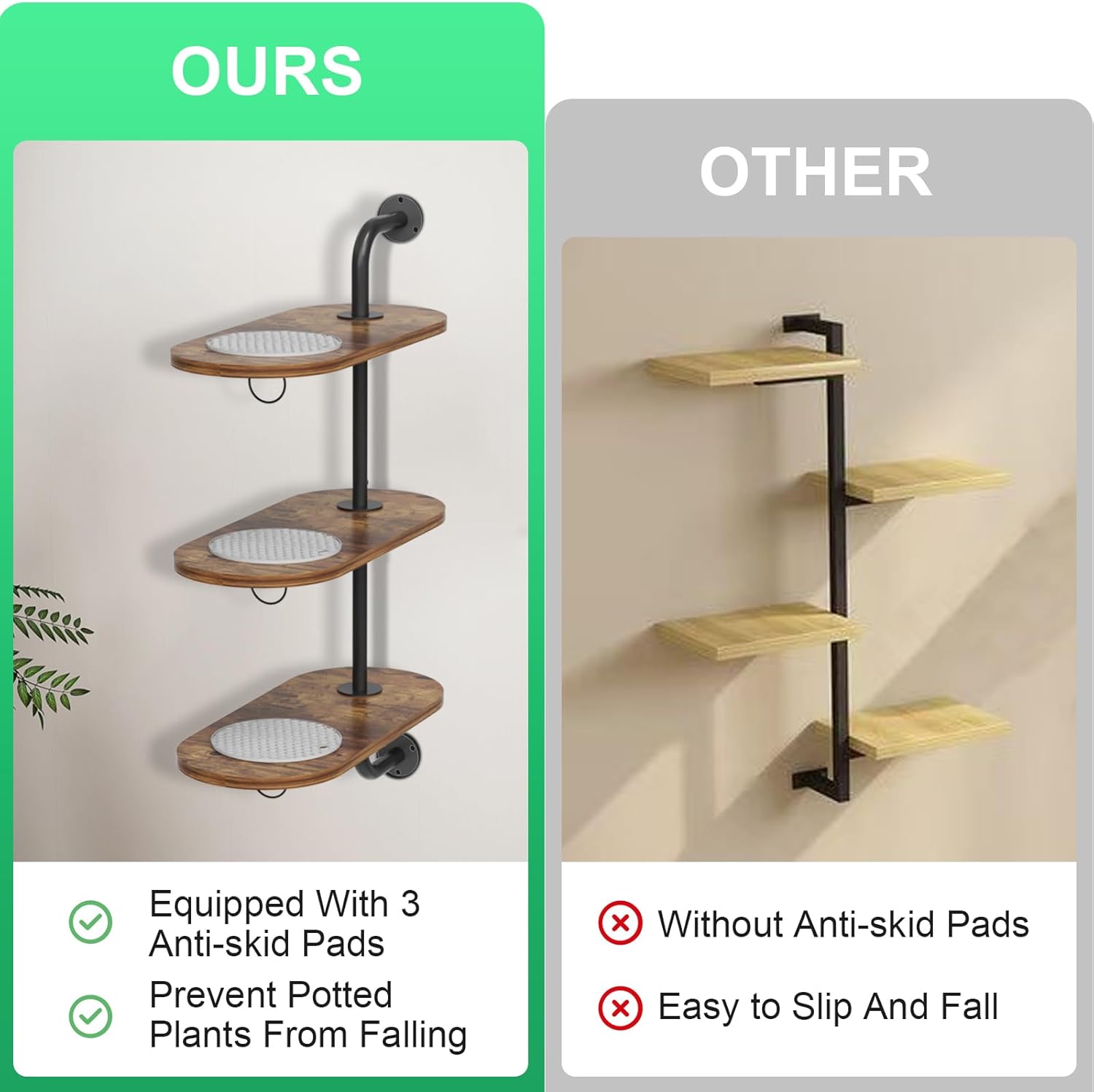 Rotating Window Plant Shelves with 3 Anti-slip Mats, 3 Tier Plant Stand Indoor Outdoor, Wooden Window Plant Shelf with