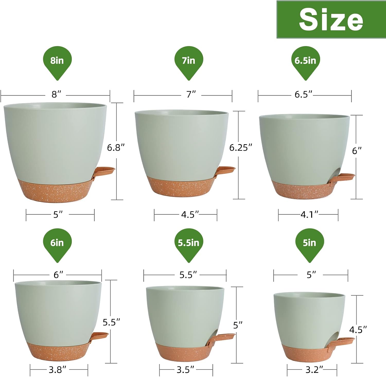 Vanslogreen Planters for Indoor Plants, 8/7/6.5/6/5.5/5 Inch Self Watering Planters with Drainage Hole, Plastic