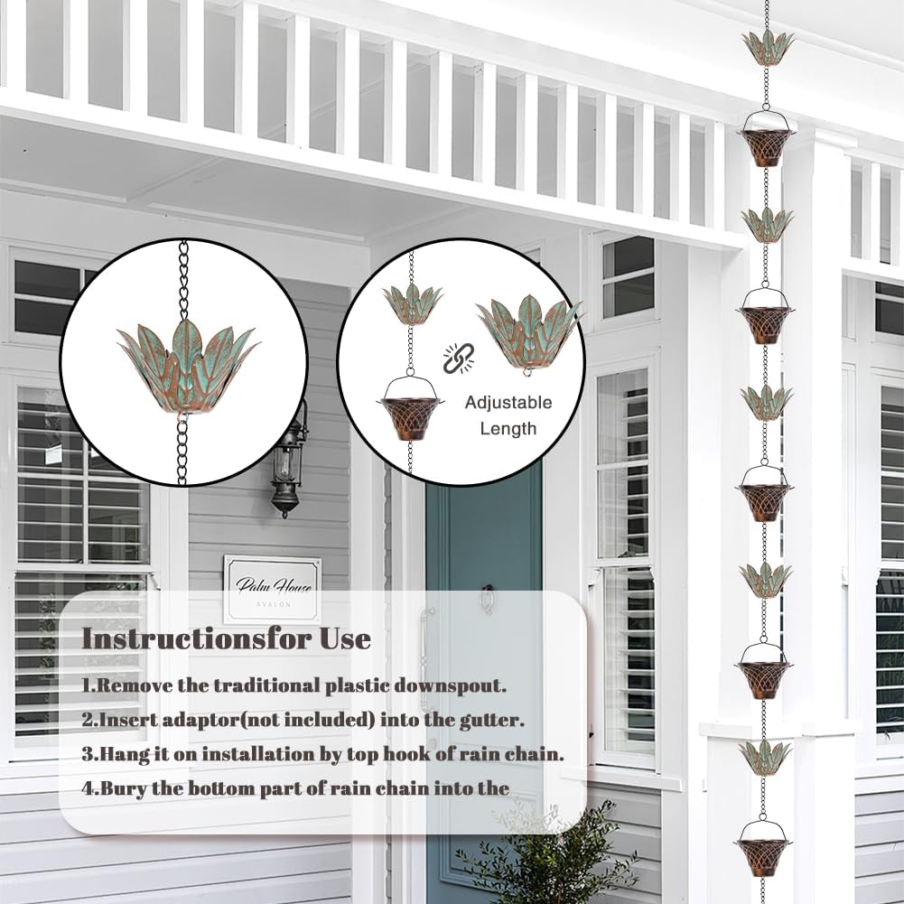 10.2ft Lotus Rain Chains for Outside Gutters, Eaves, Drainage | 16 Cups, Metal Rain Chain, Adjustable Length