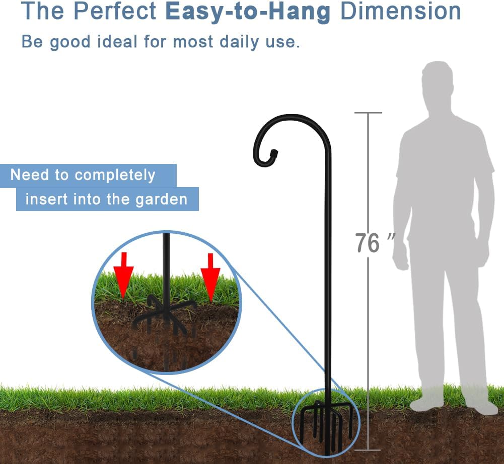 76 inch Outdoor Shepherd Hook with 7 Prong Base (2 Packs), Adjustable Heavy Duty Garden Hanging Stake for Bird Feeder