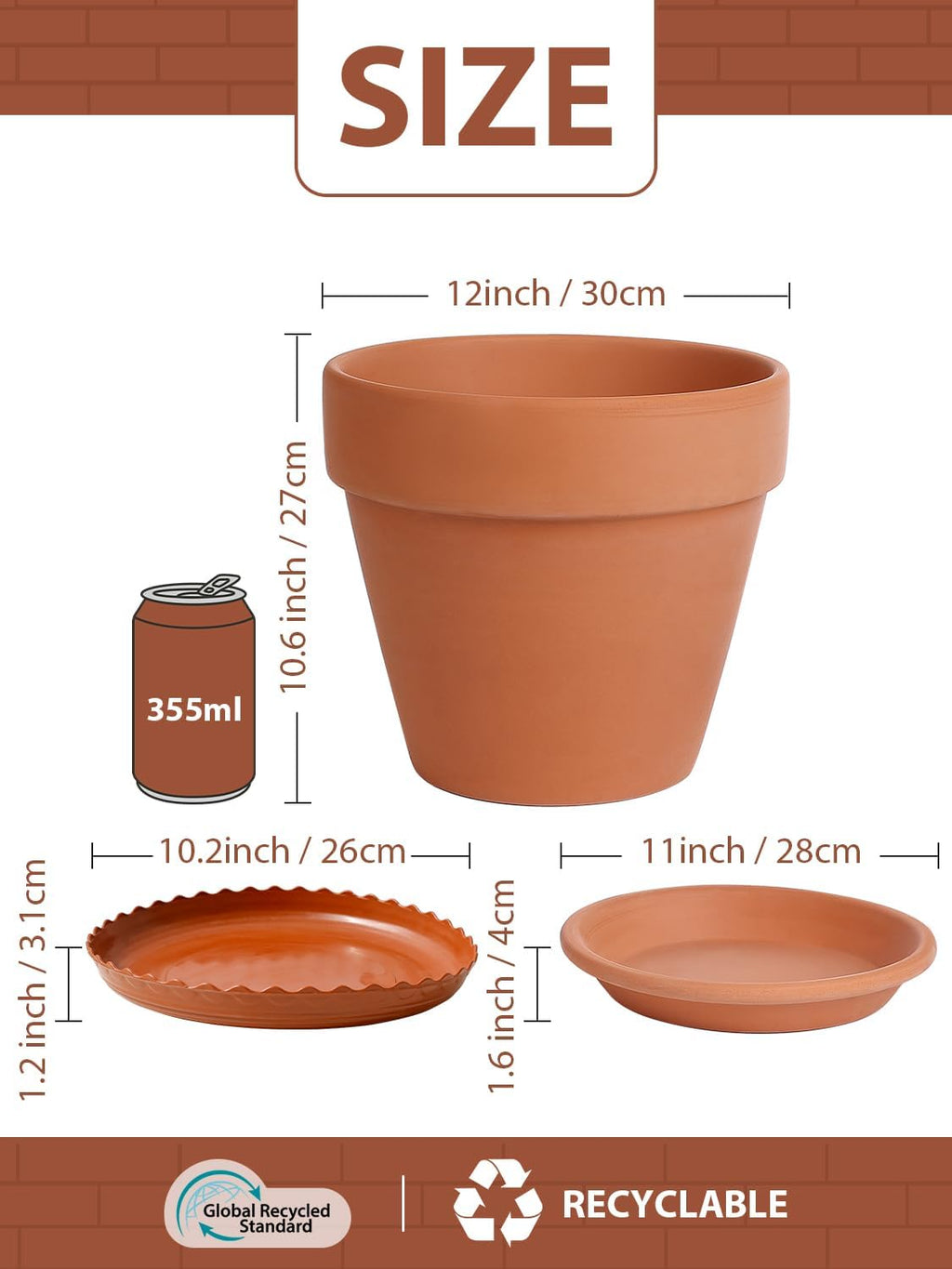 INGOFIN 12 Inch Terracotta Pot with Saucer - Ceramic Clay Pot for Plants with Drainage Hole, Large Terra Cotta Flower